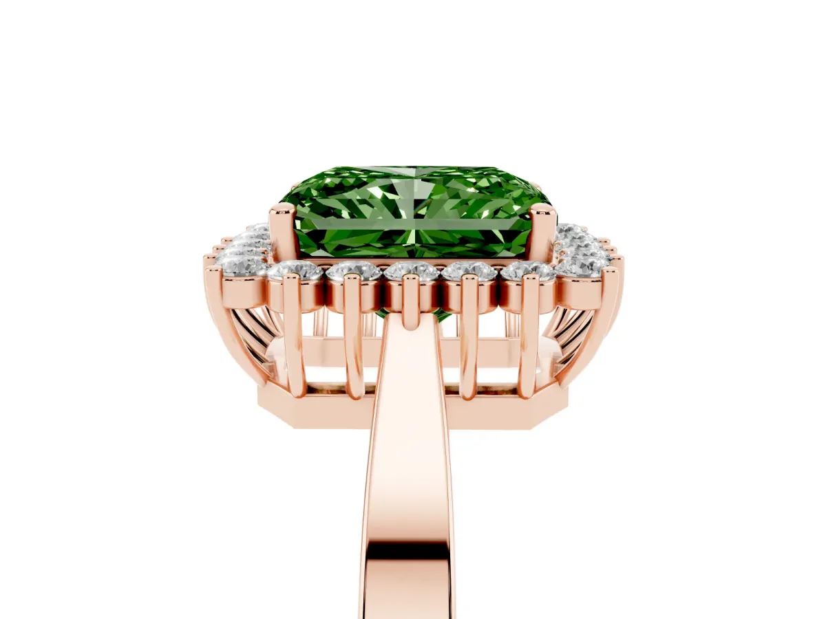 Fancy Green Radiant Cut Cut Diamond Halo Ring with Round Brilliant Halo and Solitaire Band Rose gold