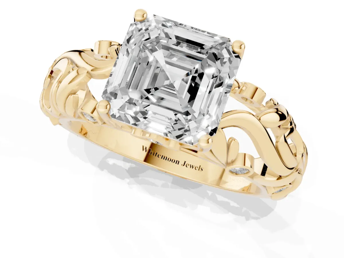 Asscher Cut Solitaire Diamond Leaf-Inspired Vine Band Ring with Prong Setting Yellow gold