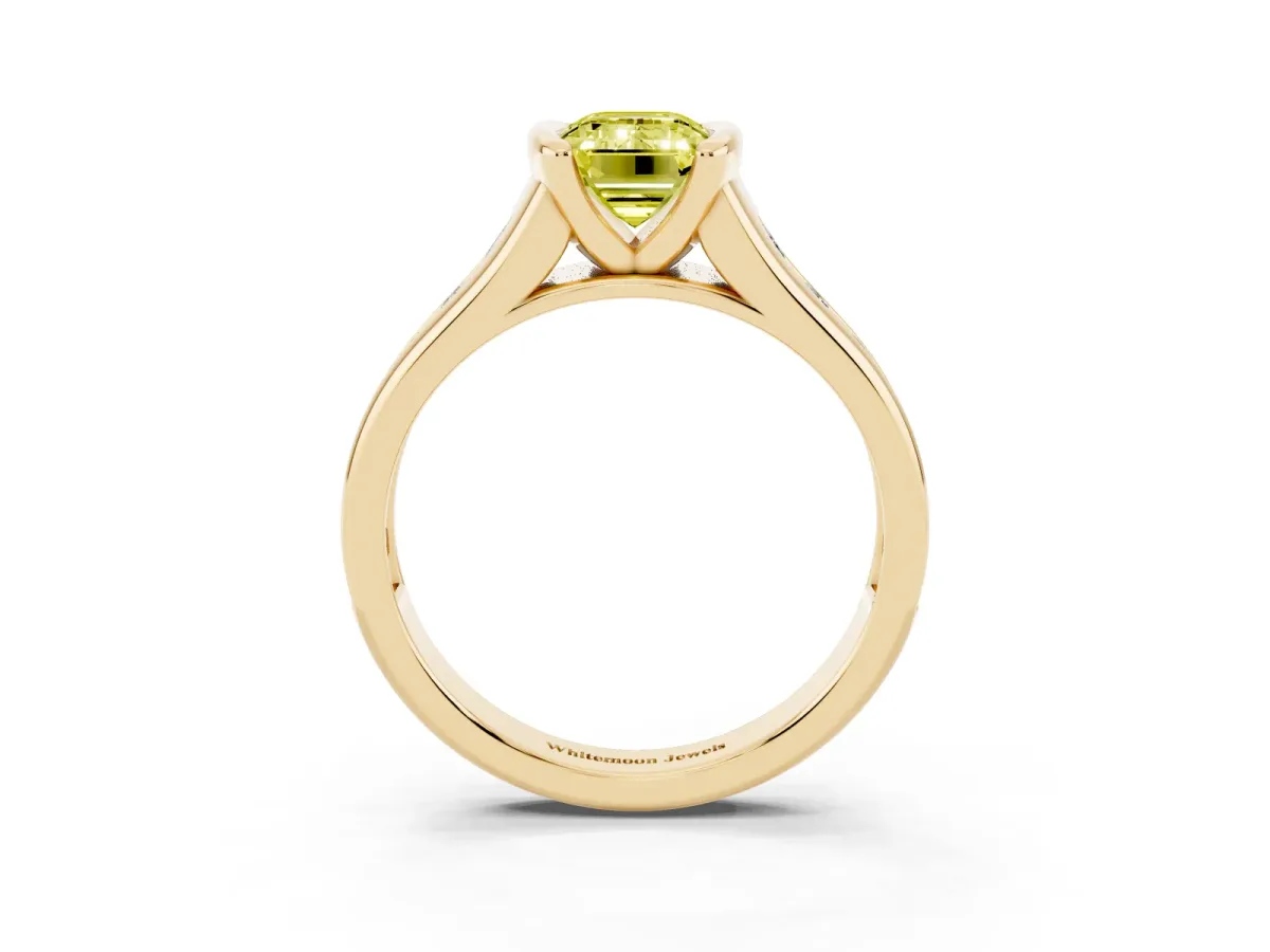 Fancy Yellow Emerald Cut Solitaire Bezel-Set Diamond Ring with Channel-Set Band Yellow gold