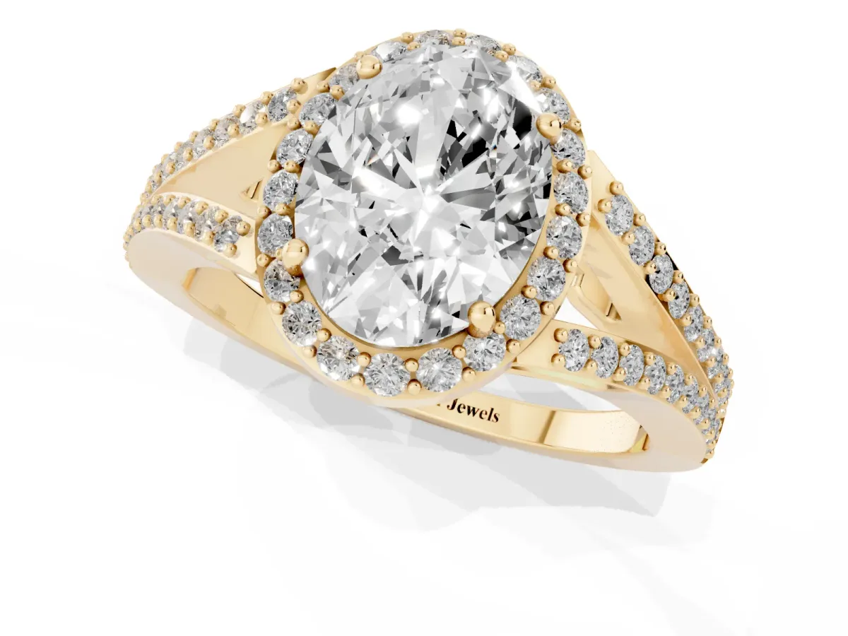 Oval Cut Halo Split Shank Diamond Ring with Prong Setting Yellow gold