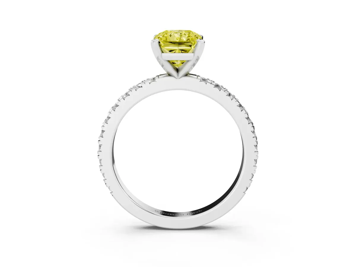 Fancy Yellow Radiant Cut Diamond Pavé Band Solitaire with Four-Prong Setting Silver