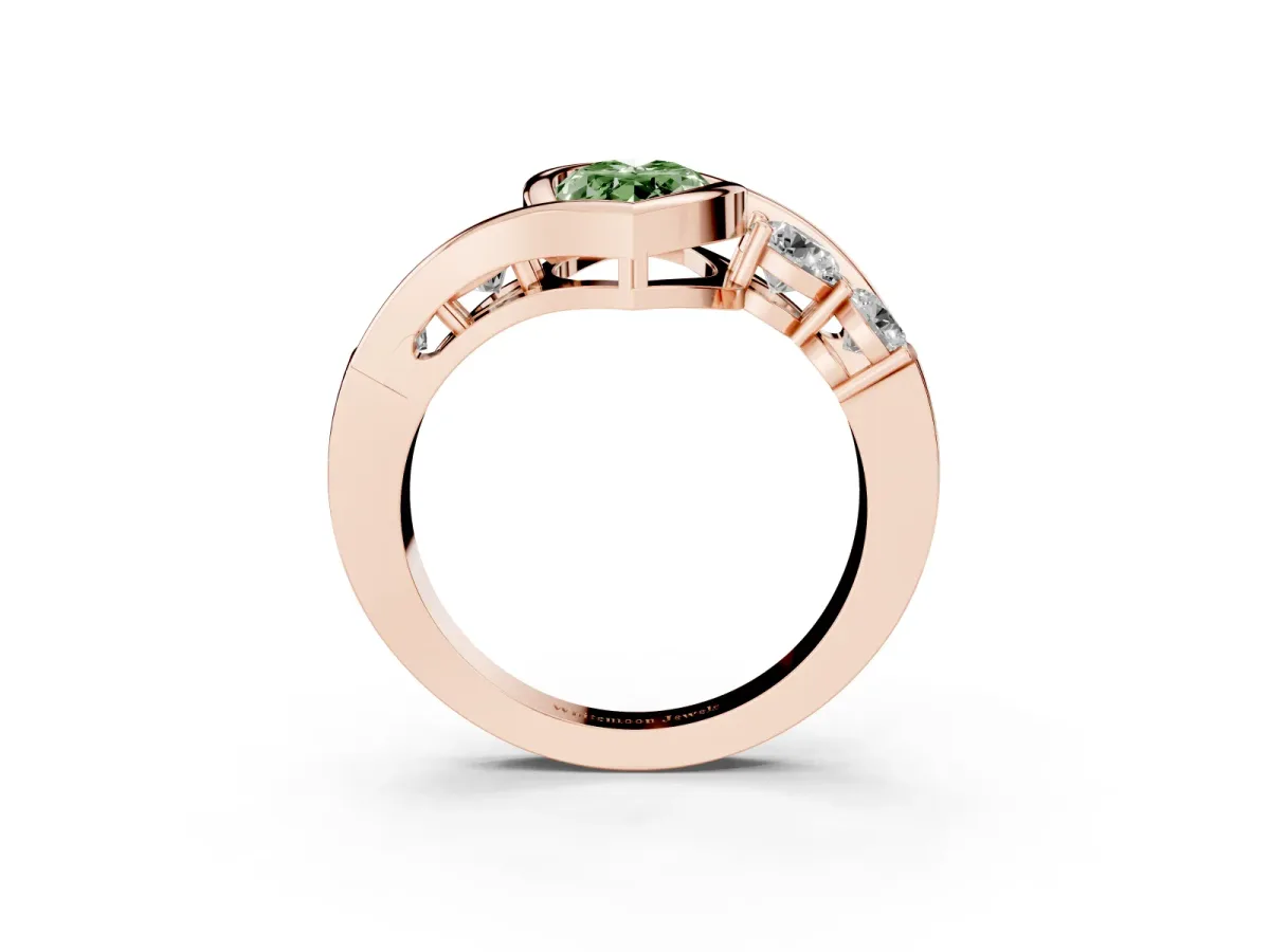 Fancy Green Bezel Set Marquise Cut Diamond Bypass Ring with Round Accents Rose gold