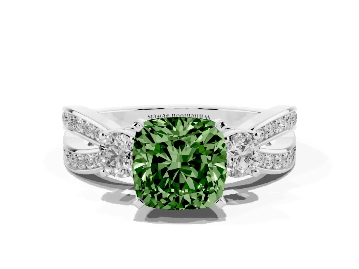 Fancy Green Three-Stone Cushion Cut Cut Diamond Twist Band with Prong Setting Platinum