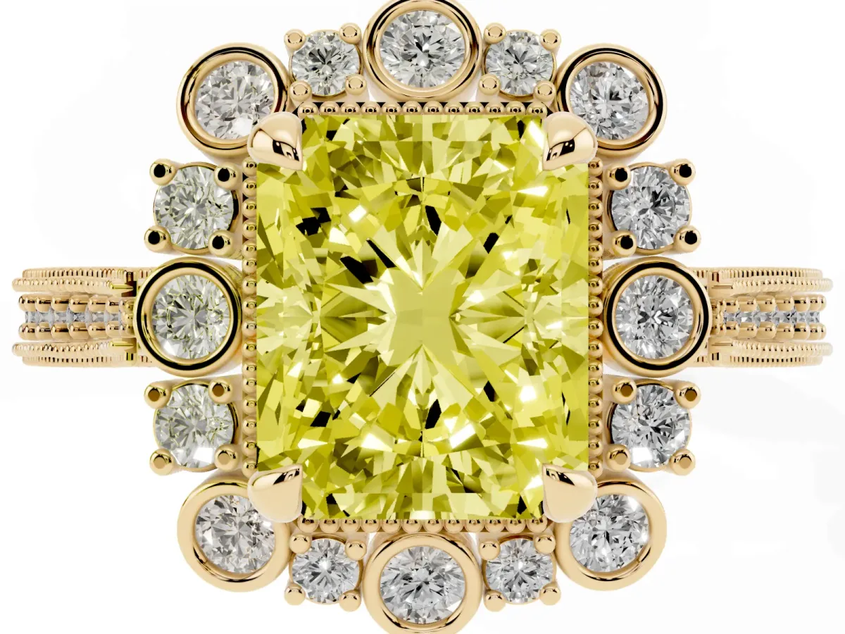 Fancy Yellow Radiant Cut Halo Milgrain Pave Diamond Ring with Four-Prong Setting Yellow gold