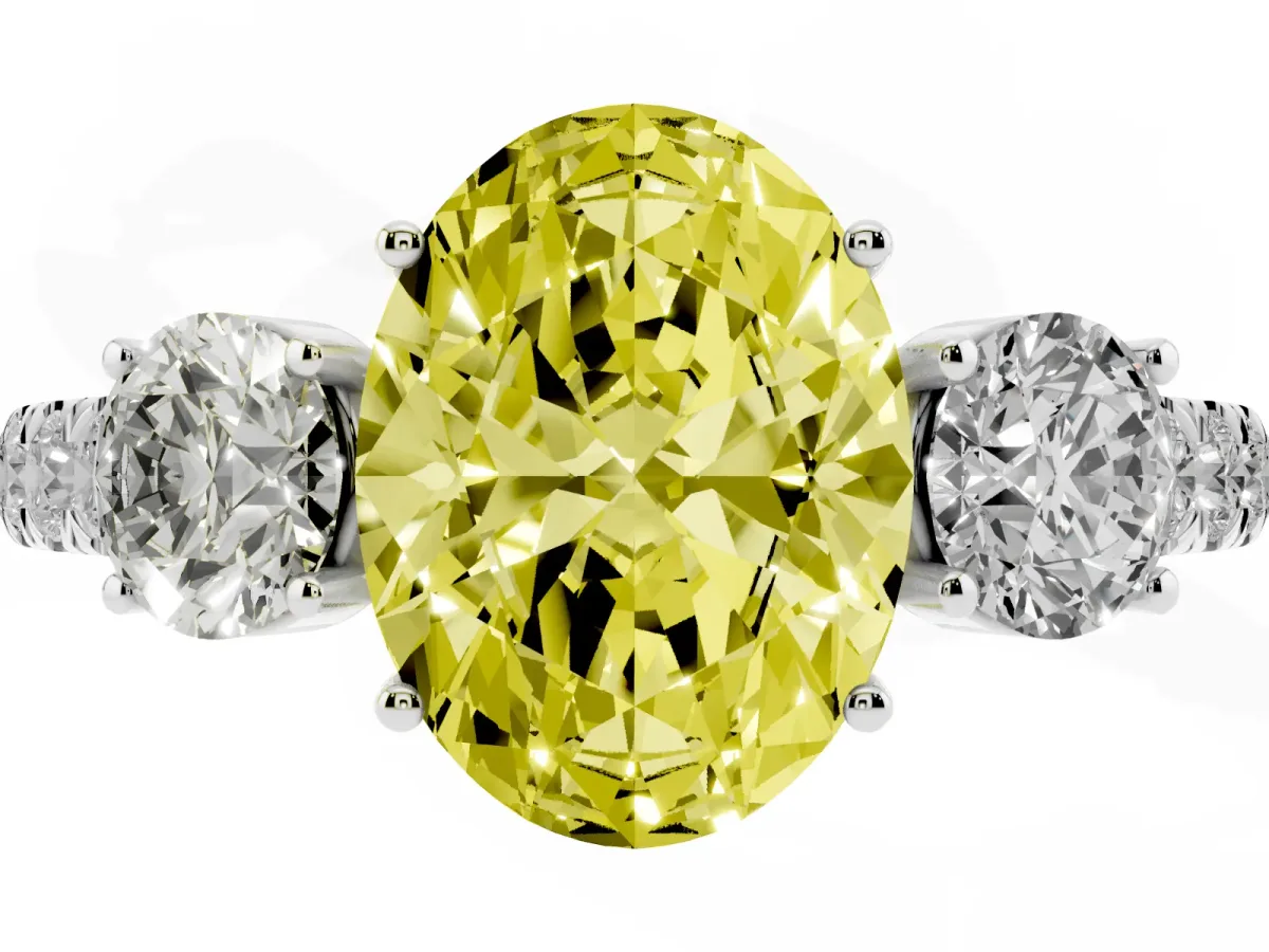 Fancy Yellow Oval Cut Cut Diamond Three-Stone Ring with Round Side Stones and Pavé Band Silver