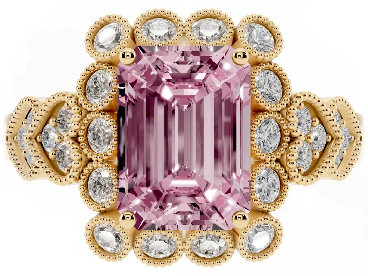 Fancy Pink Emerald Cut Brilliant Milgrain Pave Heart Band Solitaire Ring Yellow gold