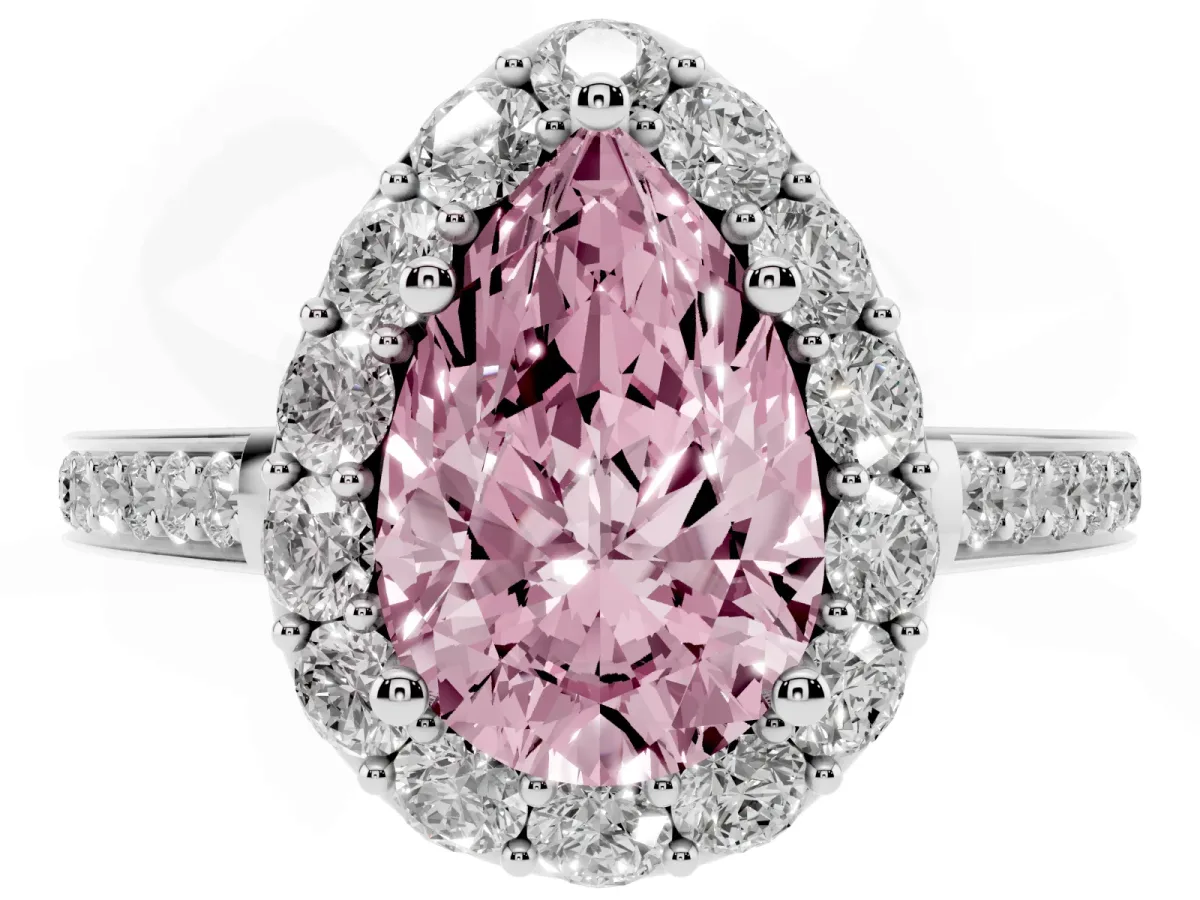 Fancy Pink Pear Cut Diamond Floral Halo Ring with Pavé Band and Prong Setting Platinum