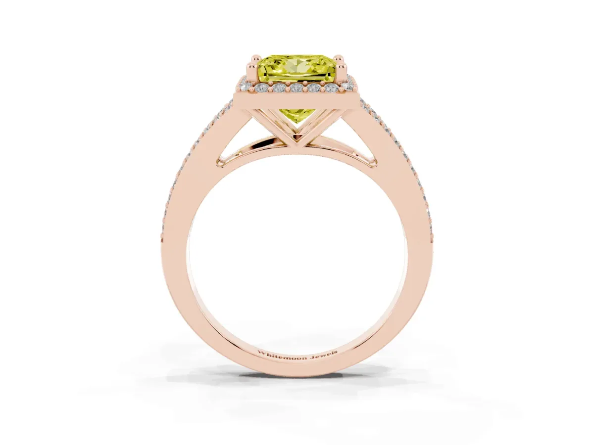 Fancy Yellow Princess Cut Halo Split Shank Pave Diamond Ring with Four-Prong Setting Rose gold
