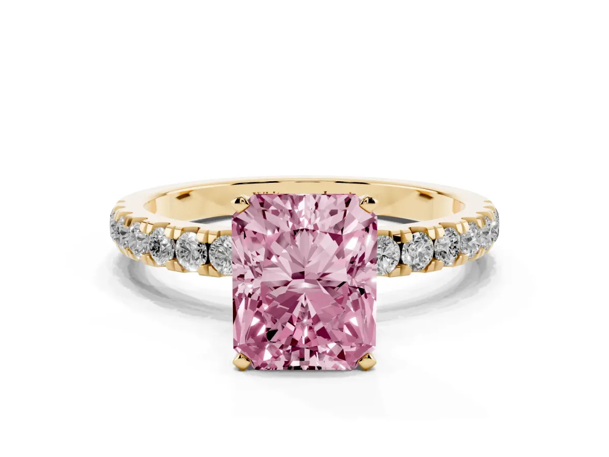 Fancy Pink Radiant Cut Diamond Solitaire Ring with Pavé Accents and Four-Prong Setting Yellow gold