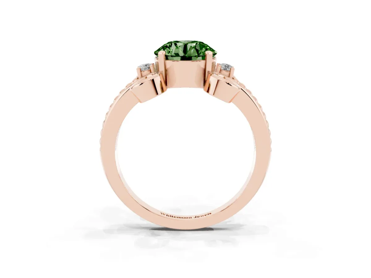 Fancy Green Round Cut Solitaire Twisted Band Scroll Prong Ring Rose gold