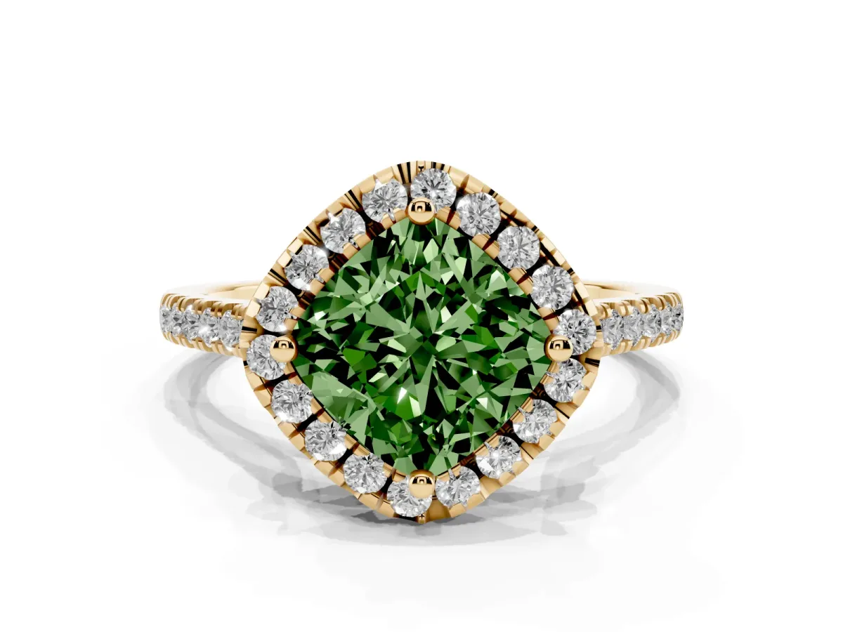 Fancy Green Cushion Cut Diamond Cushion Halo Ring with Pavé Band Yellow gold