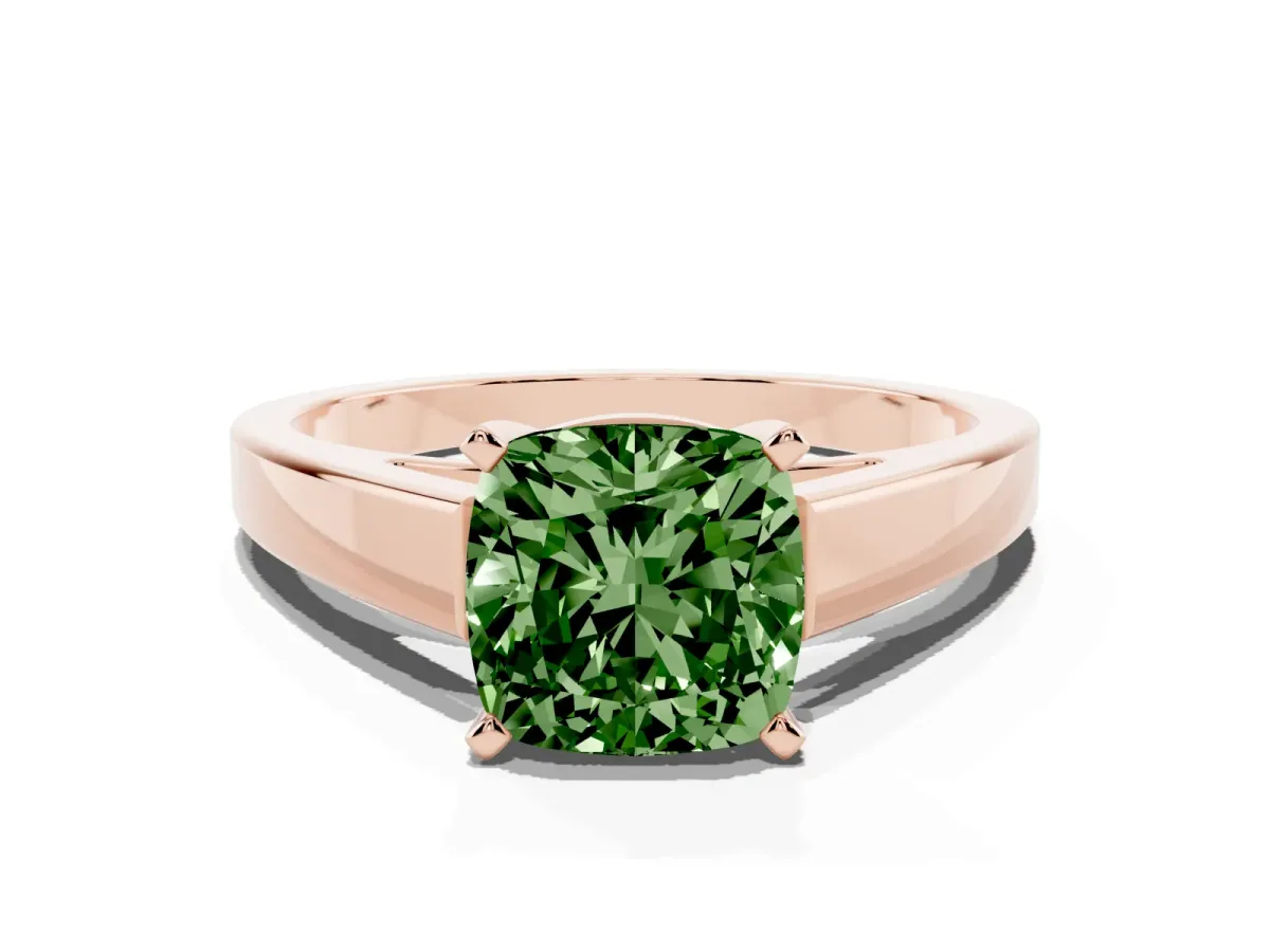 Fancy Green Cushion Cut Solitaire Engagement Ring with Four-Prong Setting and Tapered Band Rose gold