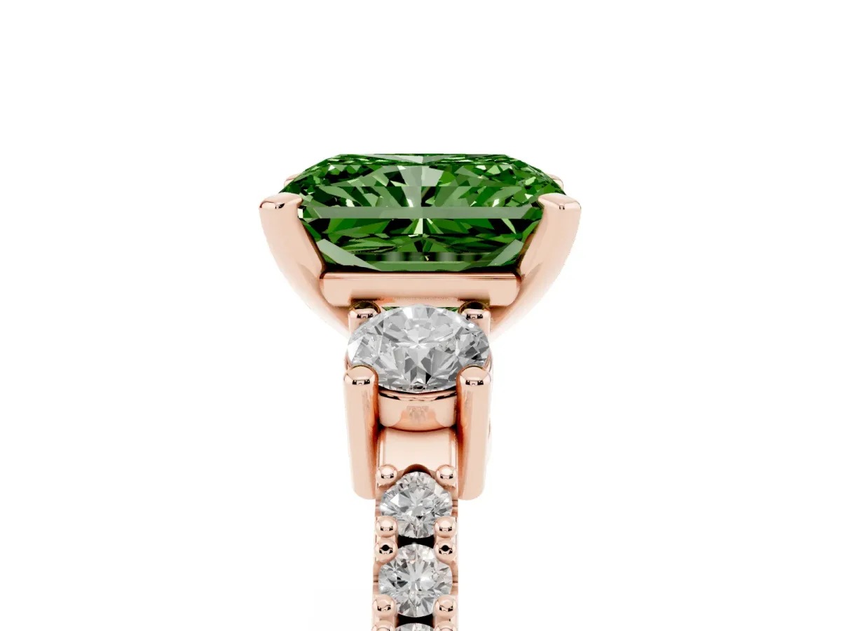 Fancy Green Radiant Cut Three-Stone Diamond Pavé Band with Prong Setting Rose gold