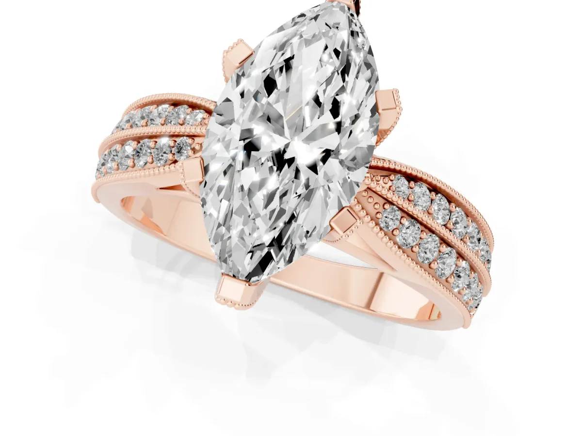 Marquise Cut Diamond Solitaire Ring with Milgrain Round Pavé Band and Prong Setting Rose gold