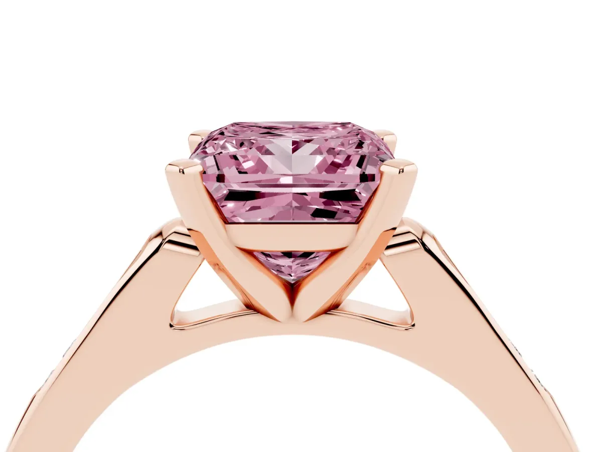 Fancy Pink Princess Cut Diamond Solitaire Ring with Channel Set Round Band and Prong Setting Rose gold