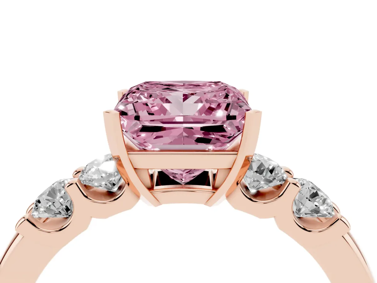 Fancy Pink Princess Cut Brilliant Cut Diamond Five-Stone Prong Set Engagement Ring with Channel Band Rose gold