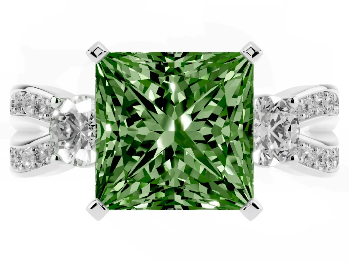 Fancy Green Three-Stone Princess Cut Cut Diamond Twist Band with Prong Setting Silver