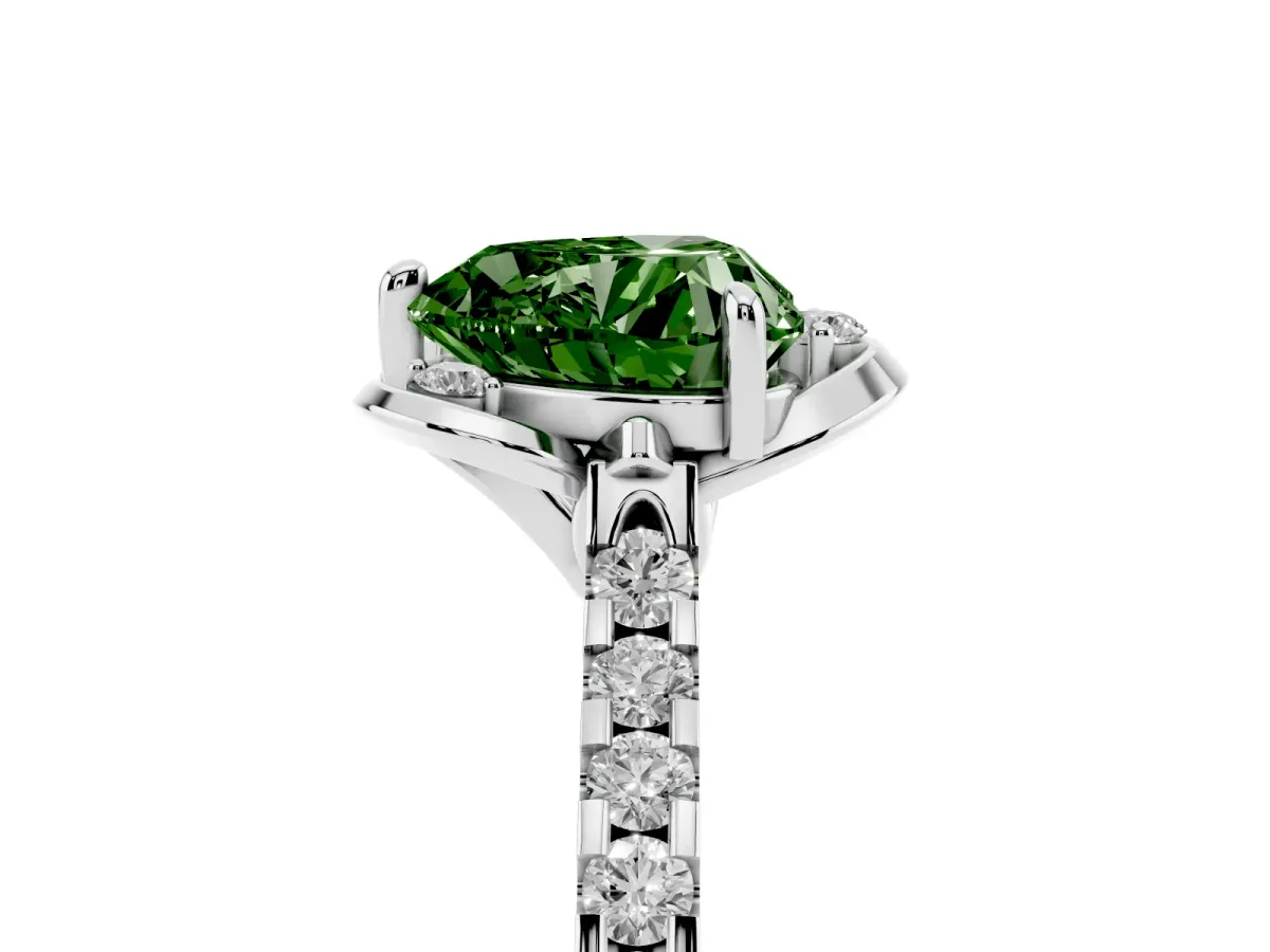 Fancy Green Heart Cut Diamond Ring with Pavé Band and Floral Prong Setting Platinum