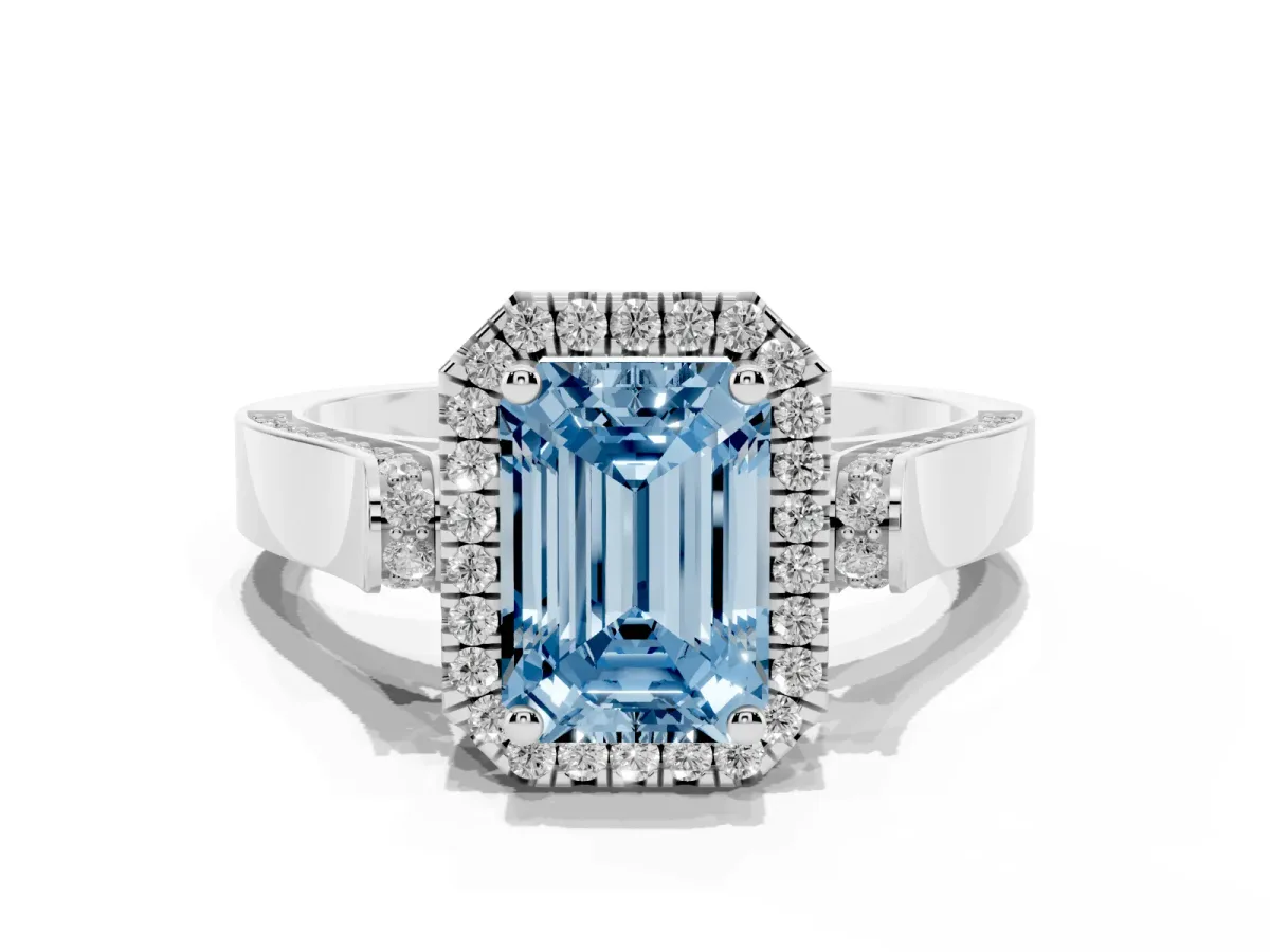 Fancy Blue Emerald Cut Halo Pave Split Shank Prong Setting Ring Platinum