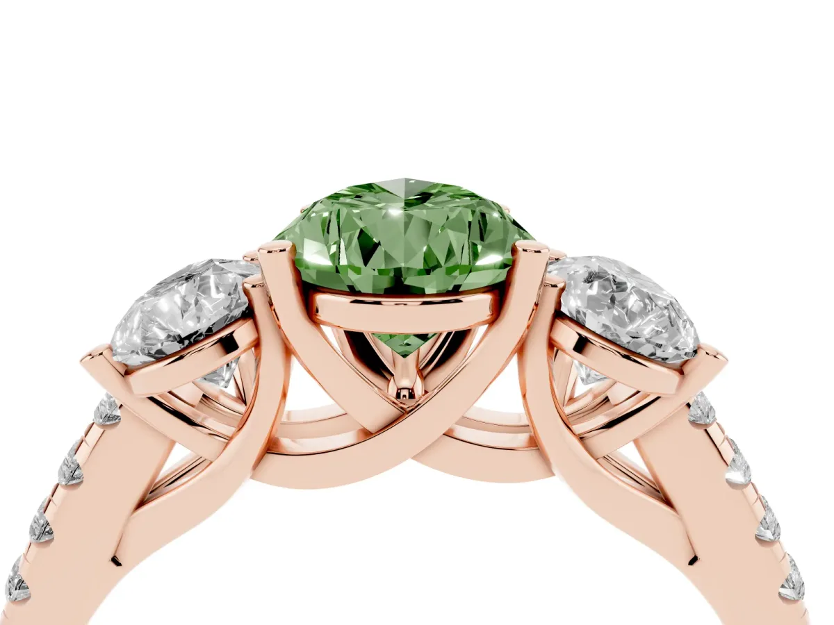 Fancy Green Three-Stone Pear Cut Diamond Ring with Round Pavé Band and Prong Setting Rose gold