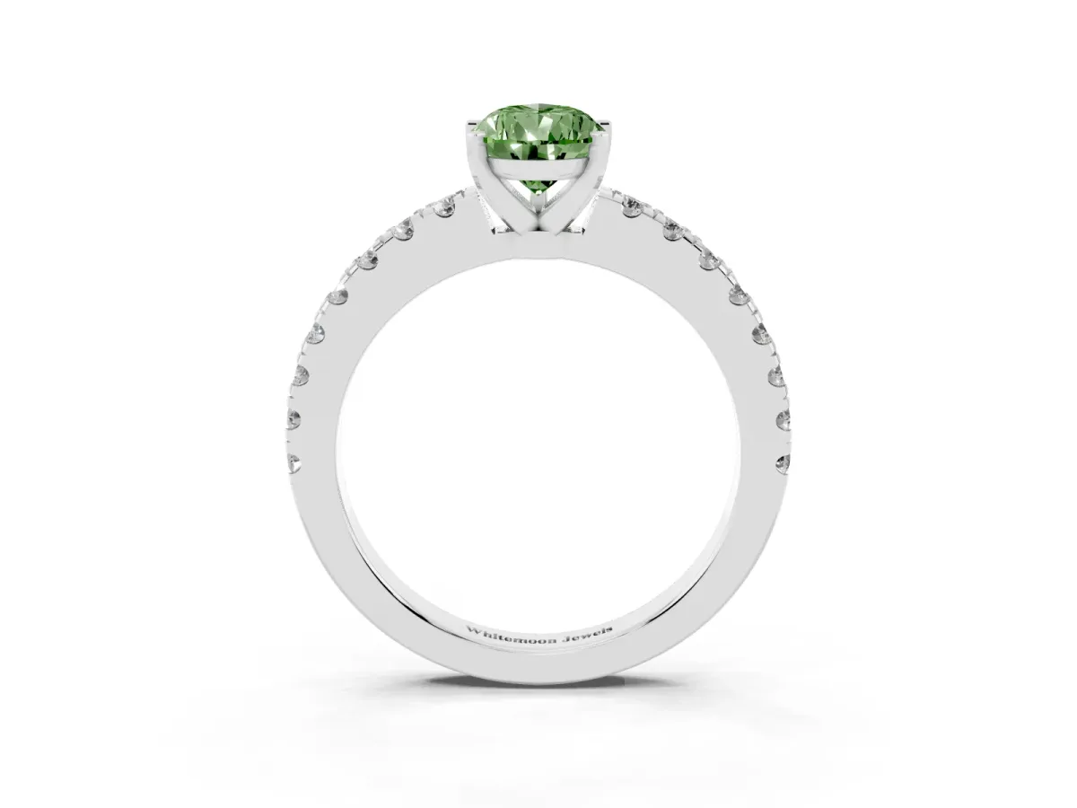 Fancy Green Pear Cut Solitaire Diamond with Pavé Band and Four-Prong Setting White gold