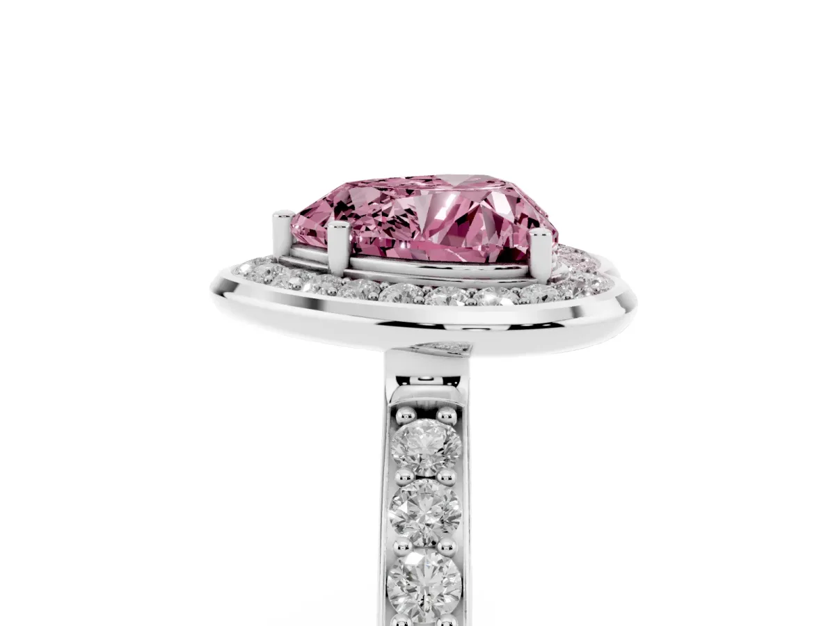 Fancy Pink Heart Cut Diamond Halo Ring with Bezel Frame and Pavé Band Silver