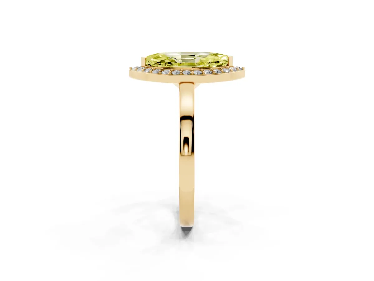 Fancy Yellow Marquise Cut Halo Diamond Ring with Solitaire Band and Prong Setting Yellow gold