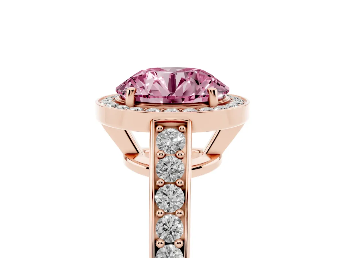 Fancy Pink Round Cut Halo Pavé Diamond Engagement Ring with Bezel Setting Rose gold