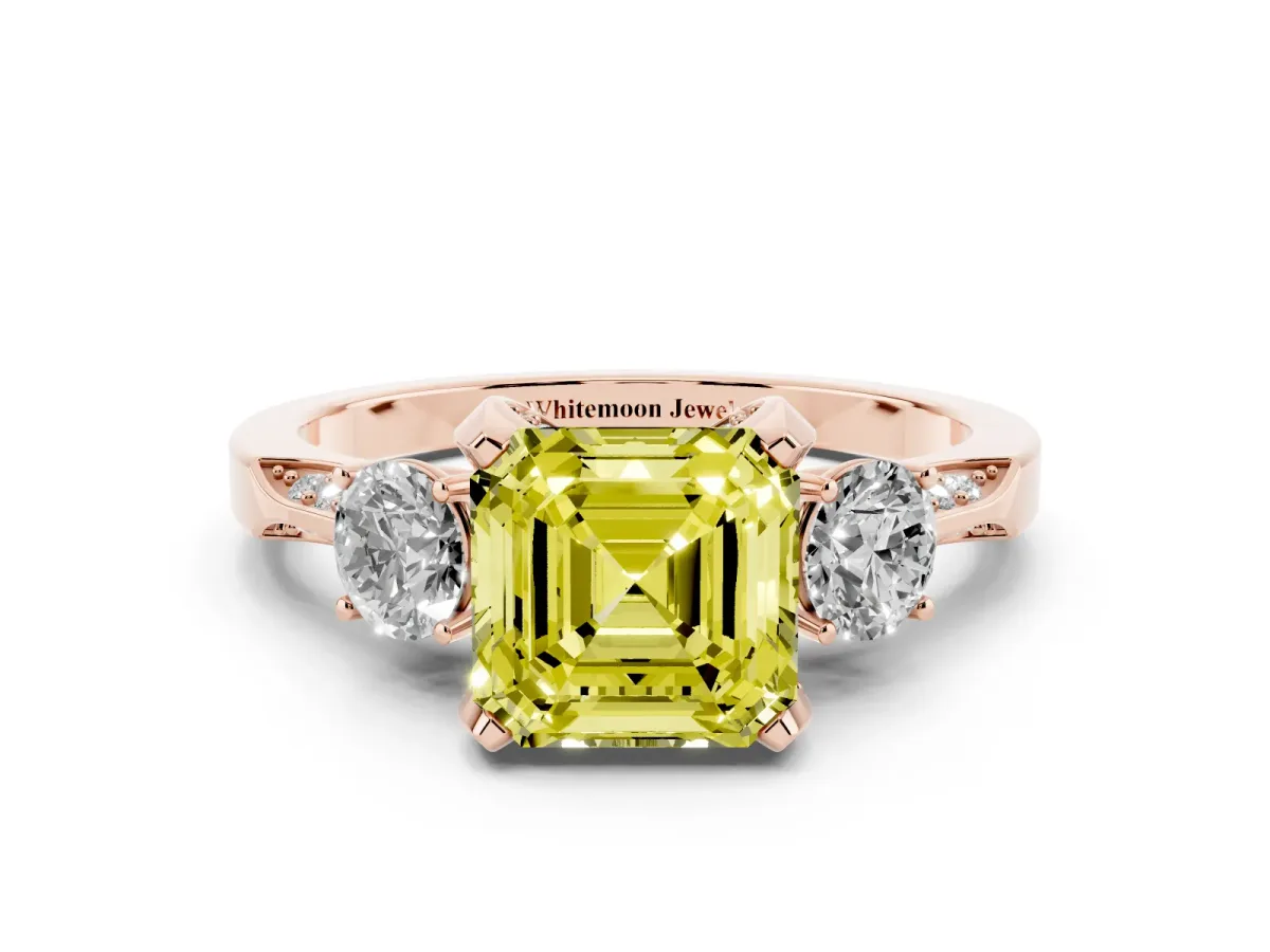 Fancy Yellow Asscher Cut Brilliant Three-Stone Diamond Ring with Pavé Band and Four-Prong Setting Rose gold