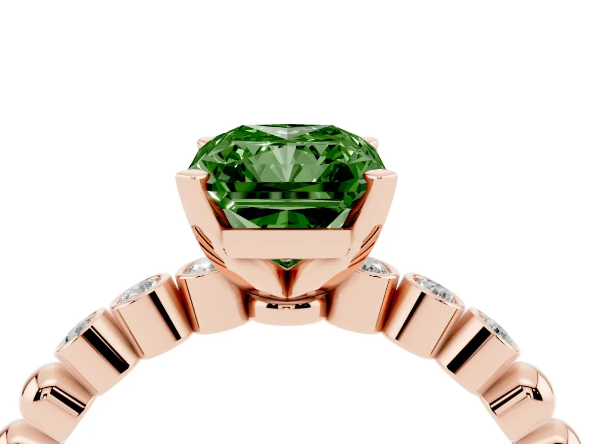 Fancy Green Radiant Cut Solitaire Bezel Accent Diamond Engagement Ring with Beaded Band and Four-Prong Setting Rose gold