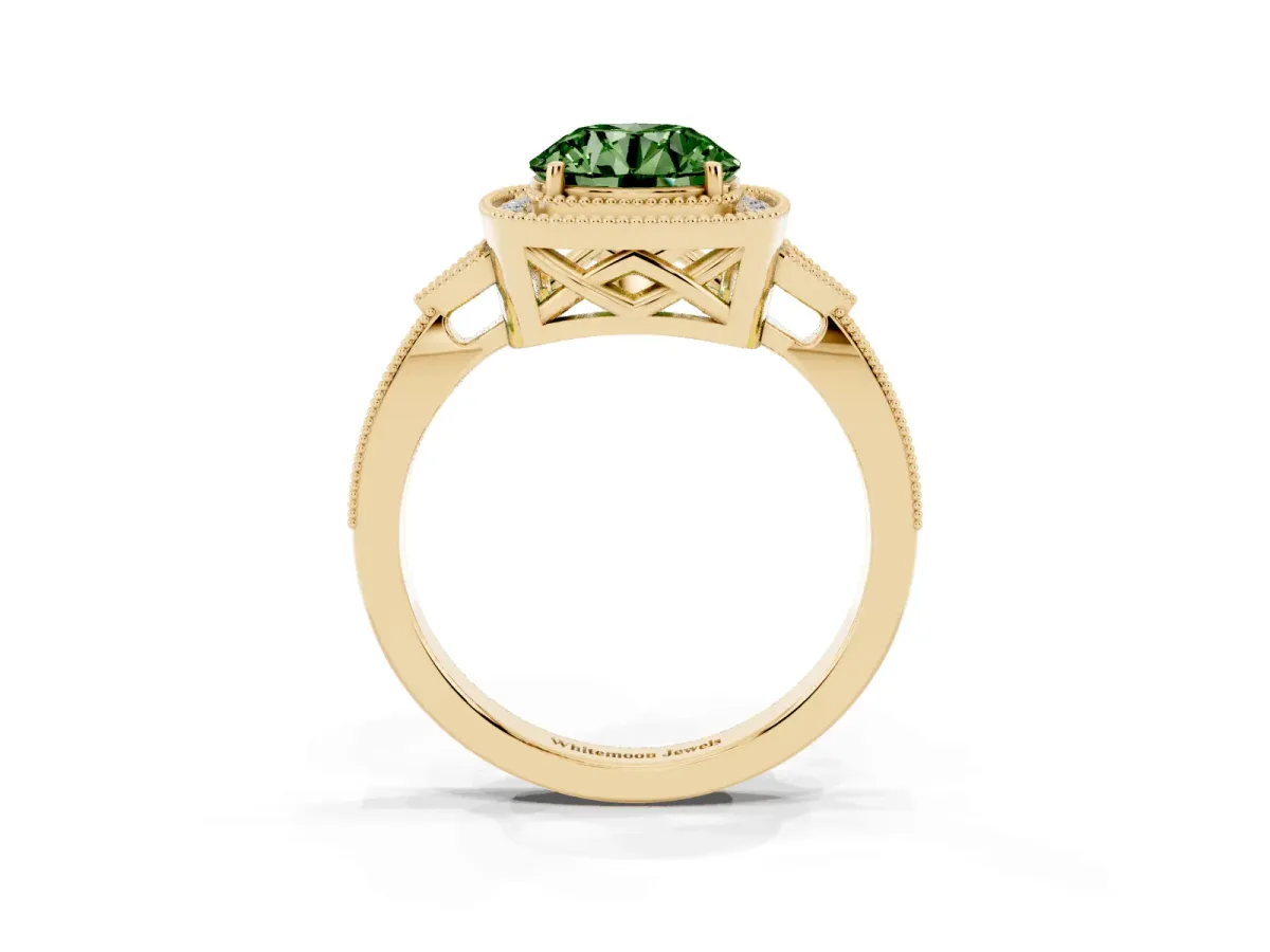 Fancy Green Round Cut Halo Round Diamond Milgrain Pave Engagement Ring Yellow gold