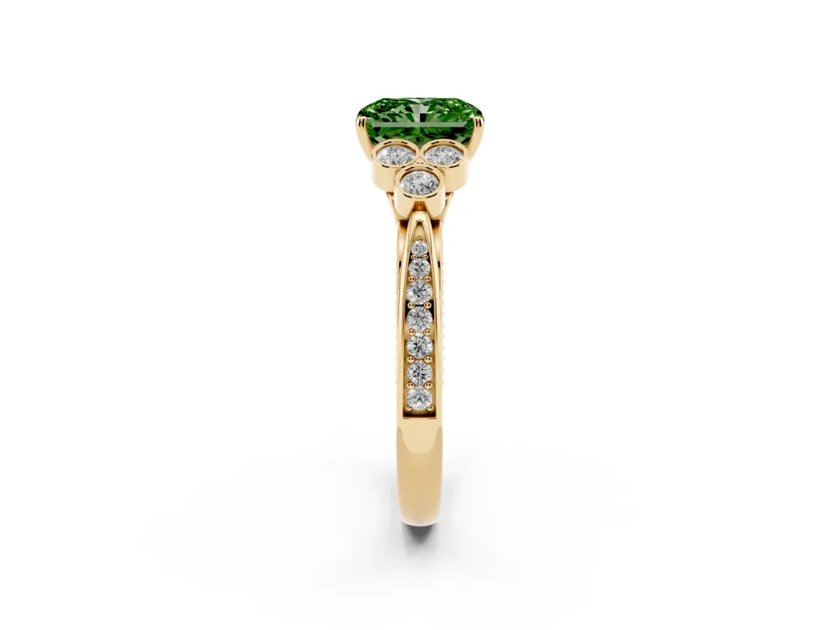 Fancy Green Radiant Cut Cut Diamond Engagement Ring with Bezel Set Round Side Stones and Prong Setting Yellow gold