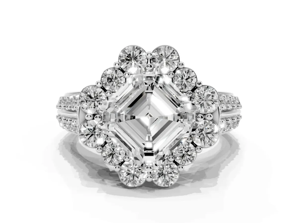 Asscher Cut Halo Diamond Engagement Ring with Split Shank and Prong Setting Silver