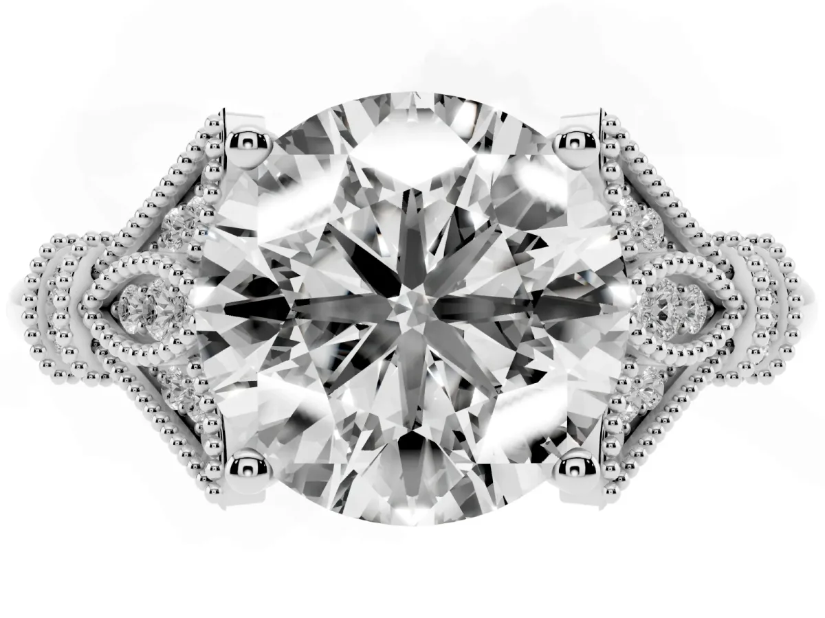 Round Cut Diamond Solitaire Ring with Floral Filigree and Pave Accents White gold