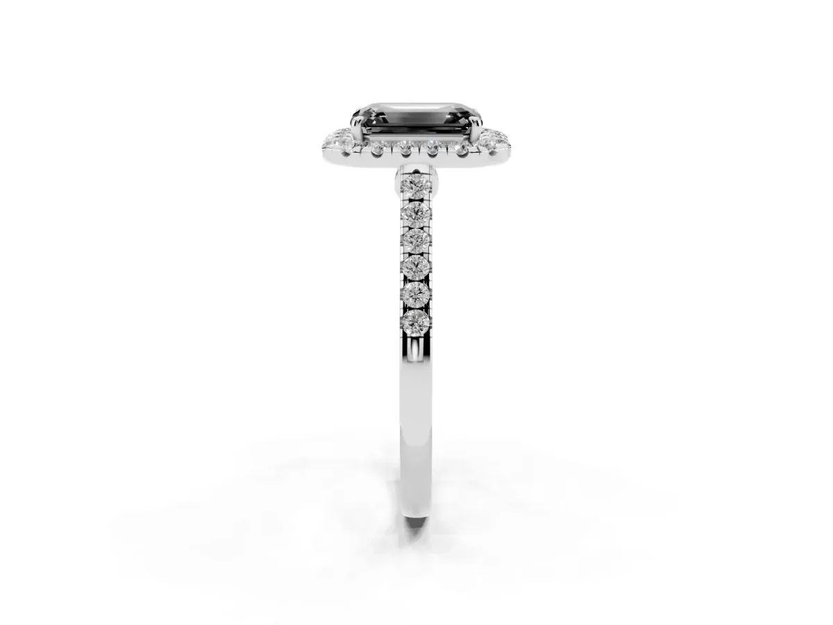 Fancy Black Emerald Cut Halo Pave Diamond Engagement Ring with Four-Prong Setting Silver