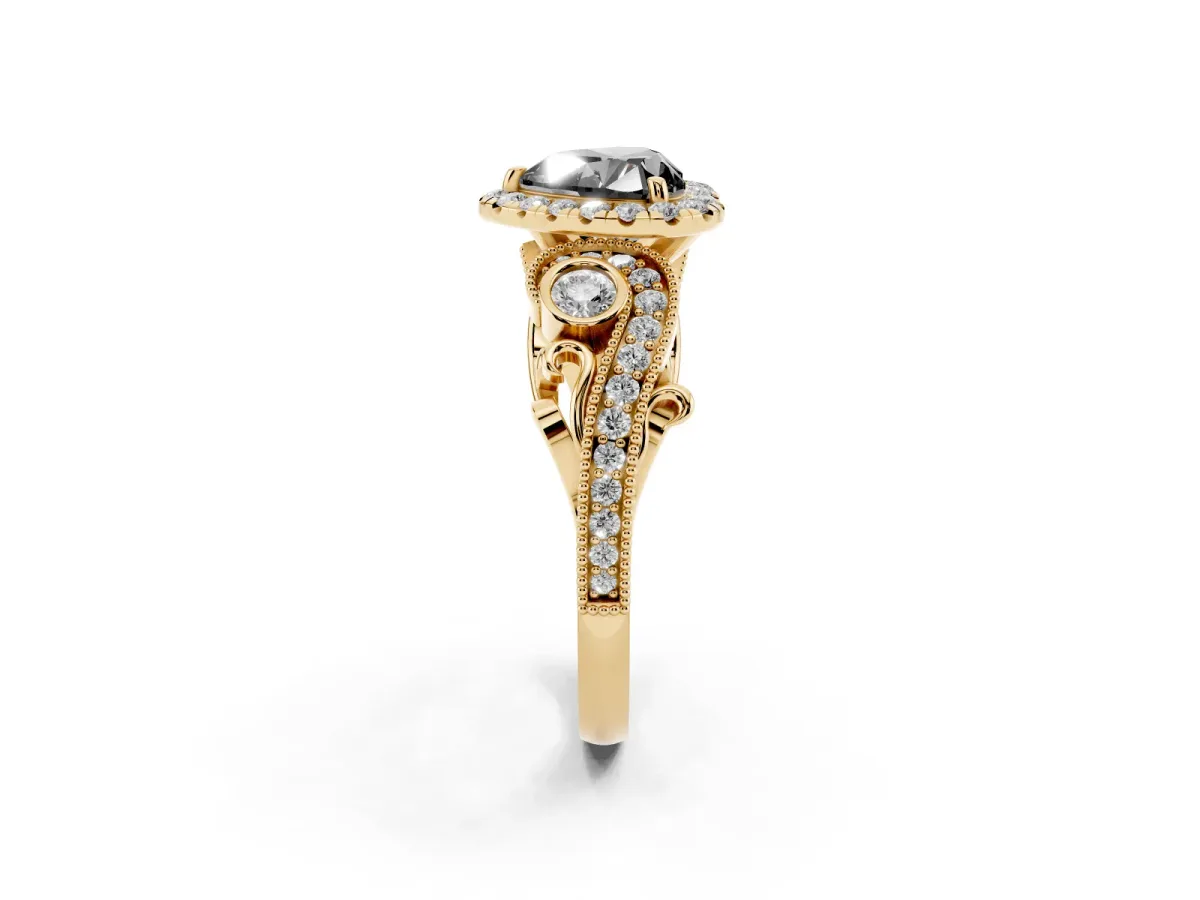 Fancy Black Heart Cut Halo Diamond Ring with Milgrain and Bezel Accents on a Split Shank Band Yellow gold