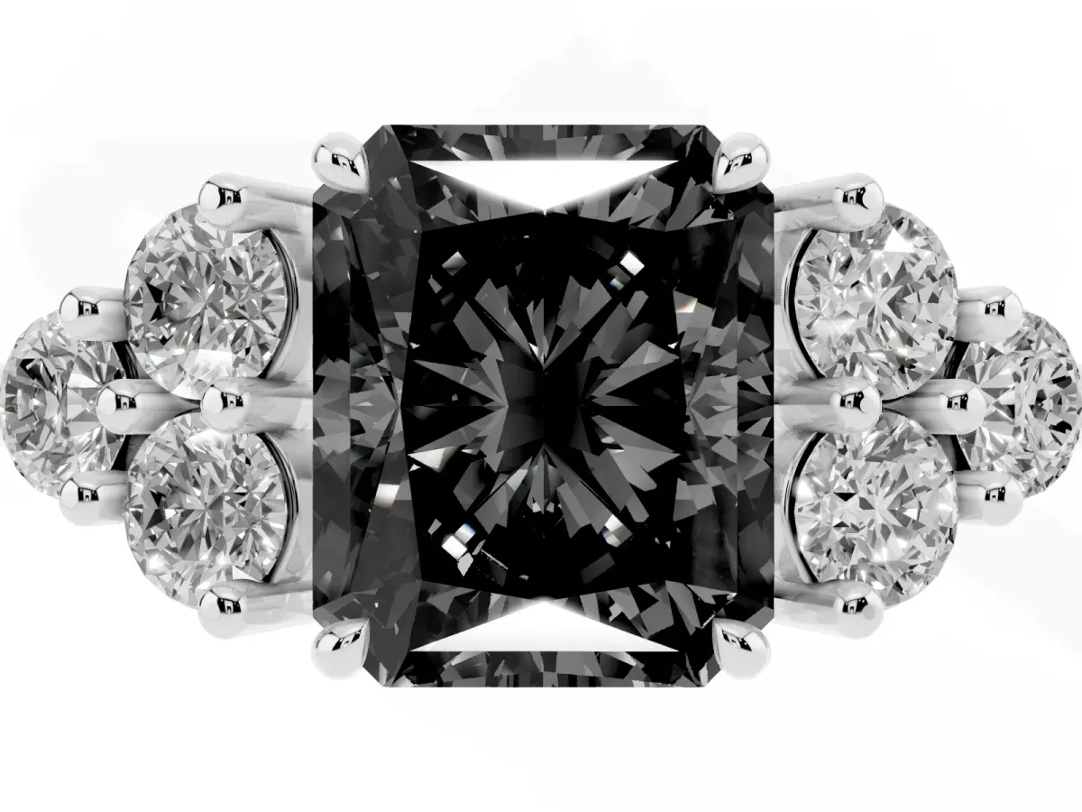 Fancy Black Radiant Cut Brilliant Diamond Cluster Accent Solitaire Ring with Prong Setting Platinum