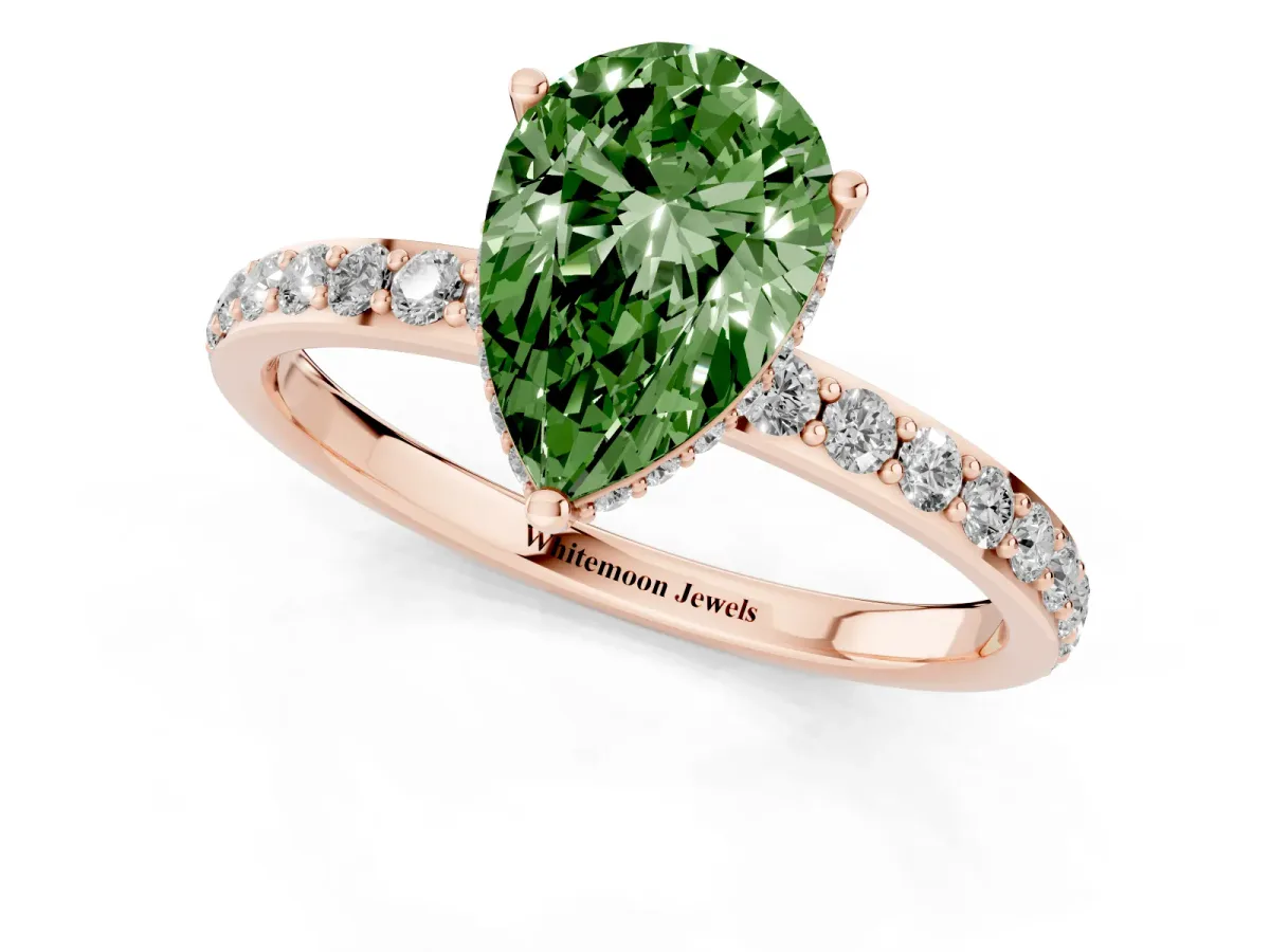 Fancy Green Pear Cut Diamond Solitaire Ring with Pavé Band and Hidden Halo Rose gold