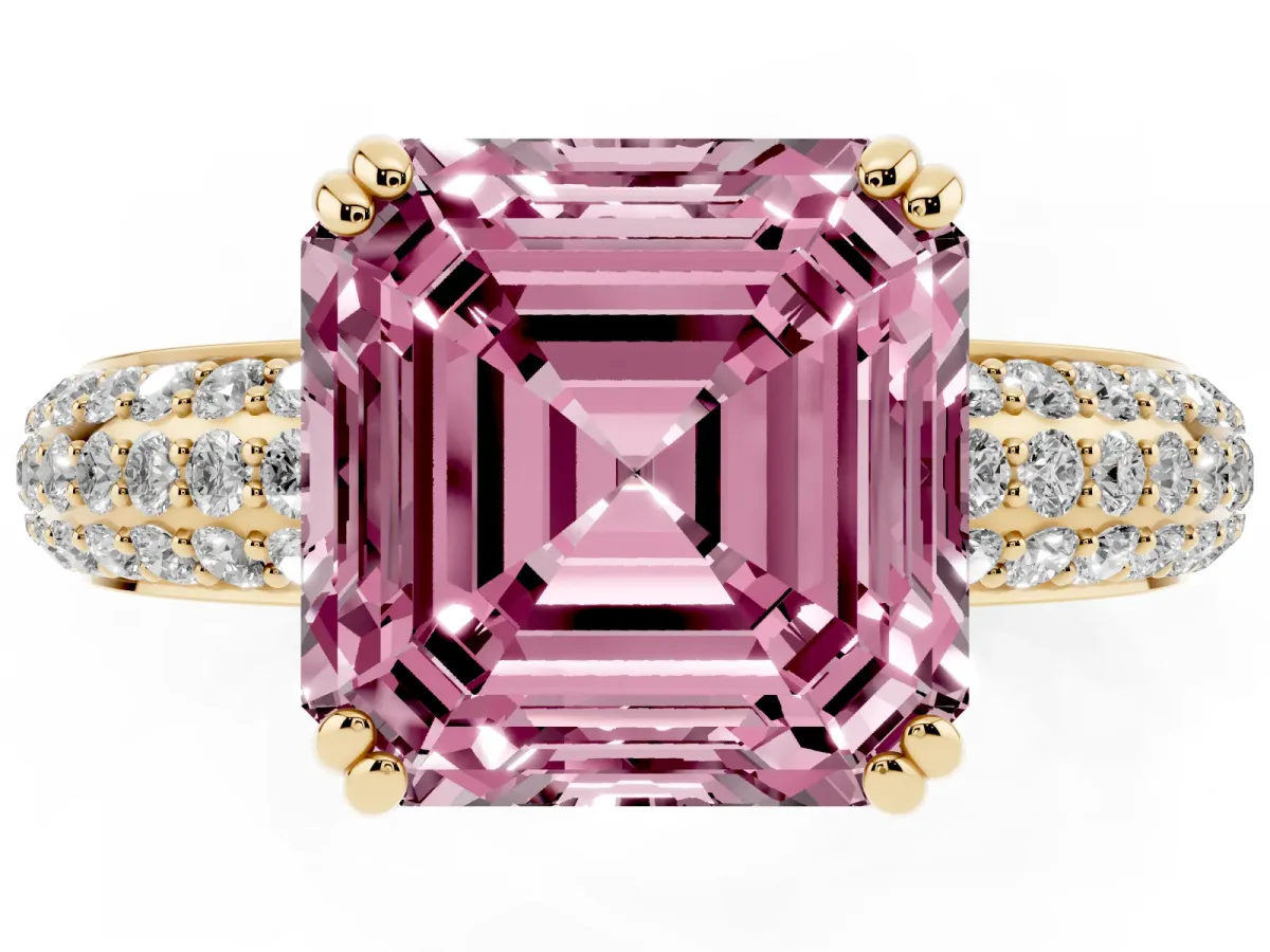 Fancy Pink Asscher Cut Diamond Solitaire Ring with Multi-Row Round Pavé Band and Prong Setting Yellow gold