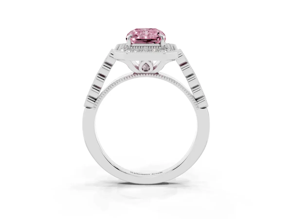 Fancy Pink Radiant Cut Halo Milgrain Solitaire with Bezel Set Side Stones and Pave Band Platinum