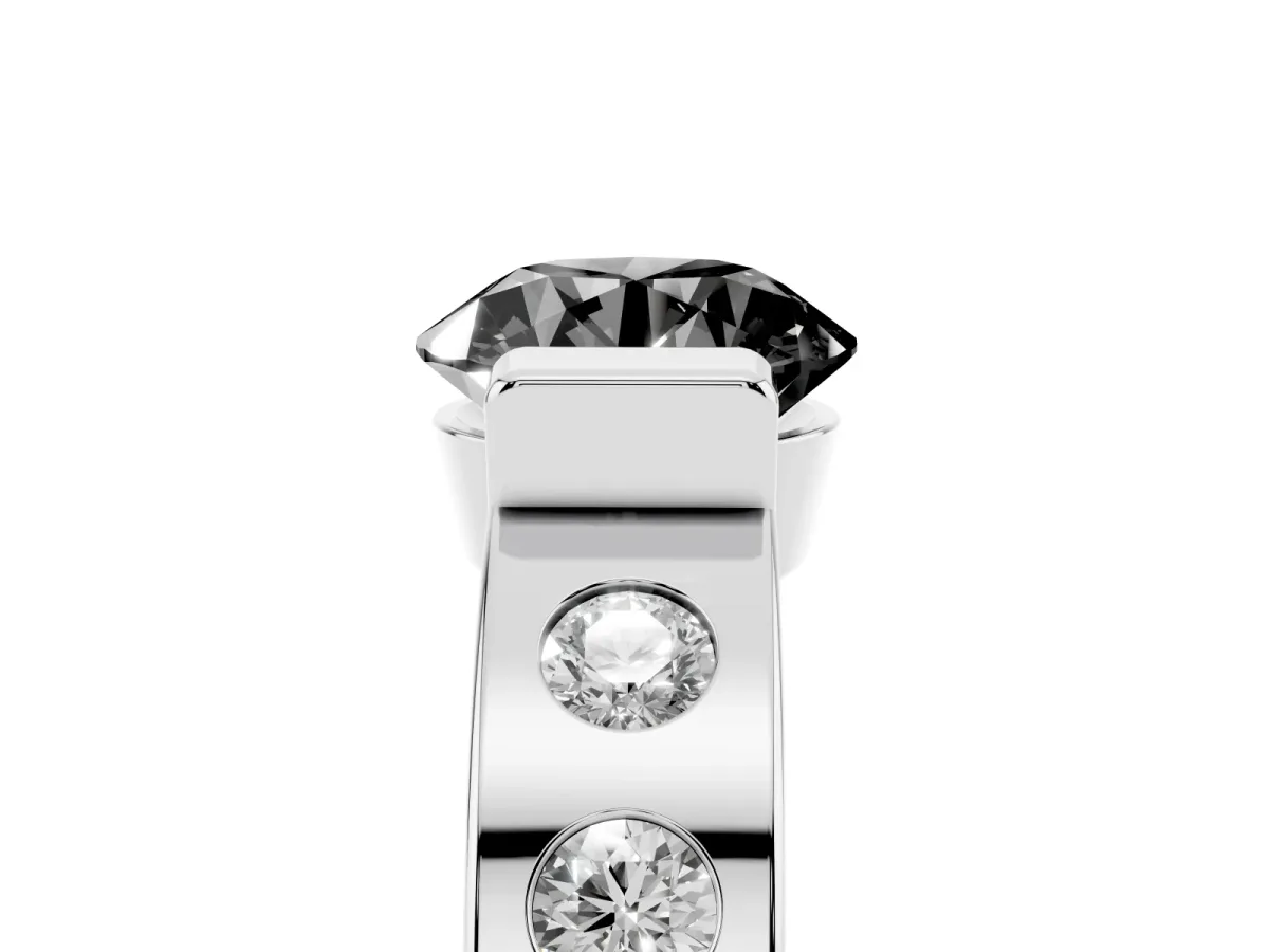Fancy Black Round Cut Brilliant Channel-Set Diamond Ring with Bezel Prong Setting Platinum