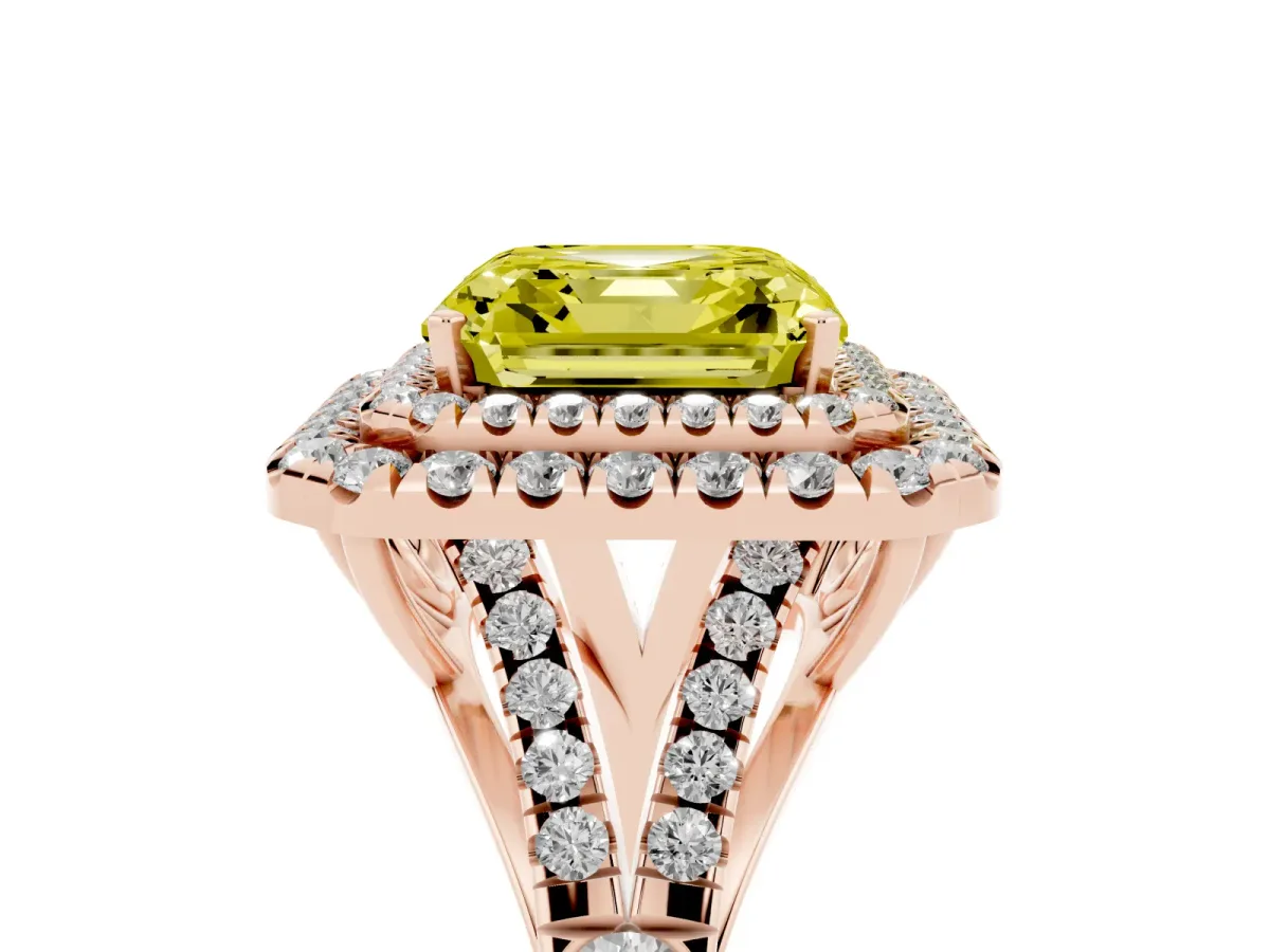 Fancy Yellow Asscher Cut Cut Double Halo Split Shank Diamond Ring with Prong Setting Rose gold