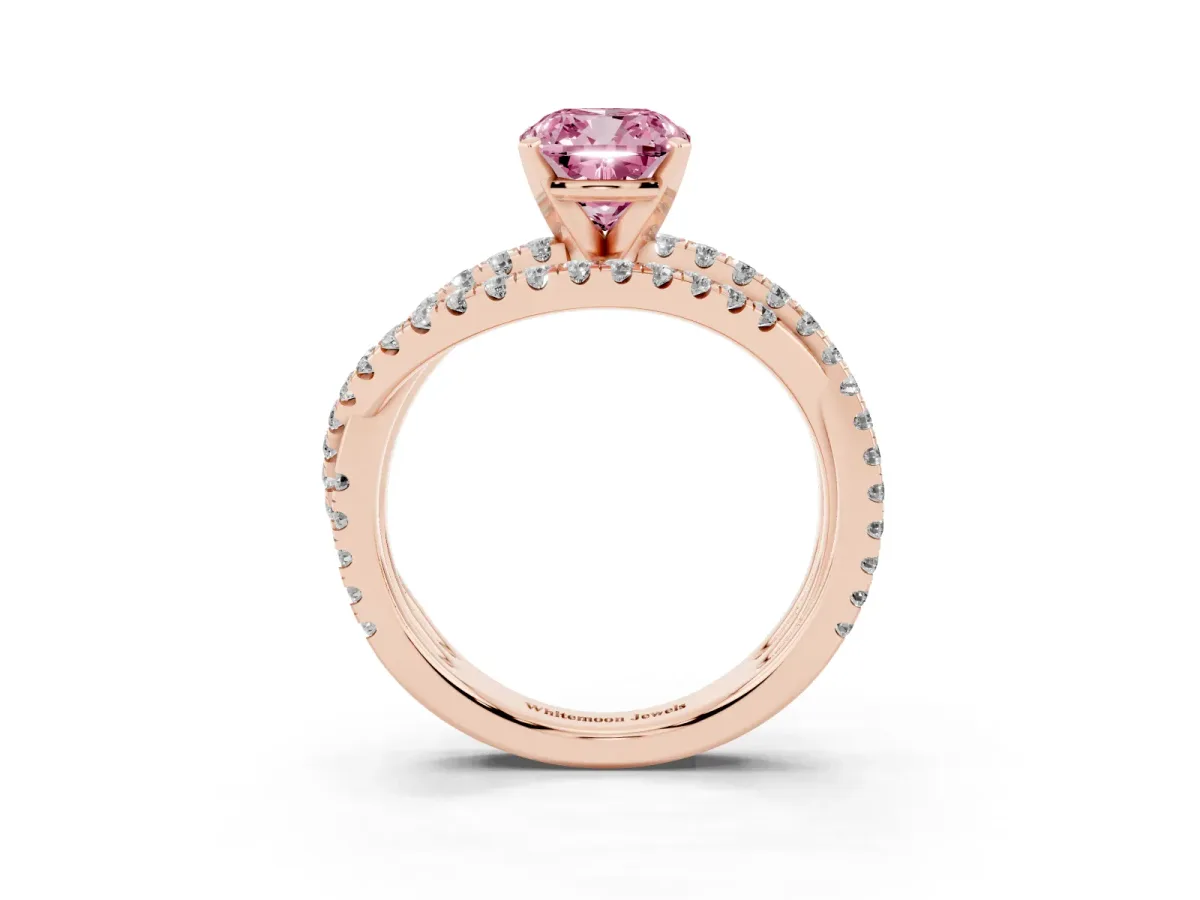 Fancy Pink Cushion Cut Solitaire Twist Band with Pavé Setting and Four-Prong Setting Rose gold