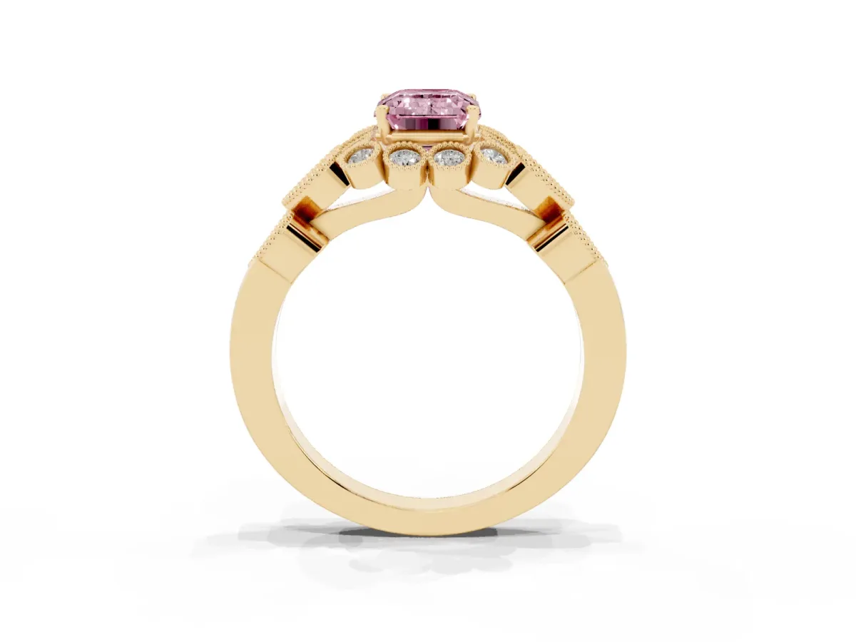 Fancy Pink Emerald Cut Brilliant Milgrain Pave Heart Band Solitaire Ring Yellow gold