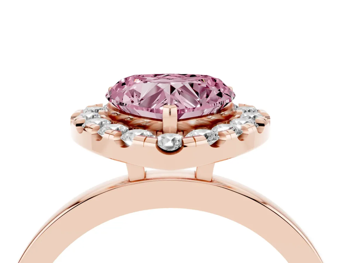 Fancy Pink Heart Cut Halo Diamond Solitaire with Pavé Band and Four-Prong Setting Rose gold