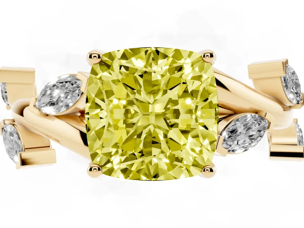 Fancy Yellow Cushion Cut Solitaire Twisted Band Marquise Accent Prong Setting Ring Yellow gold
