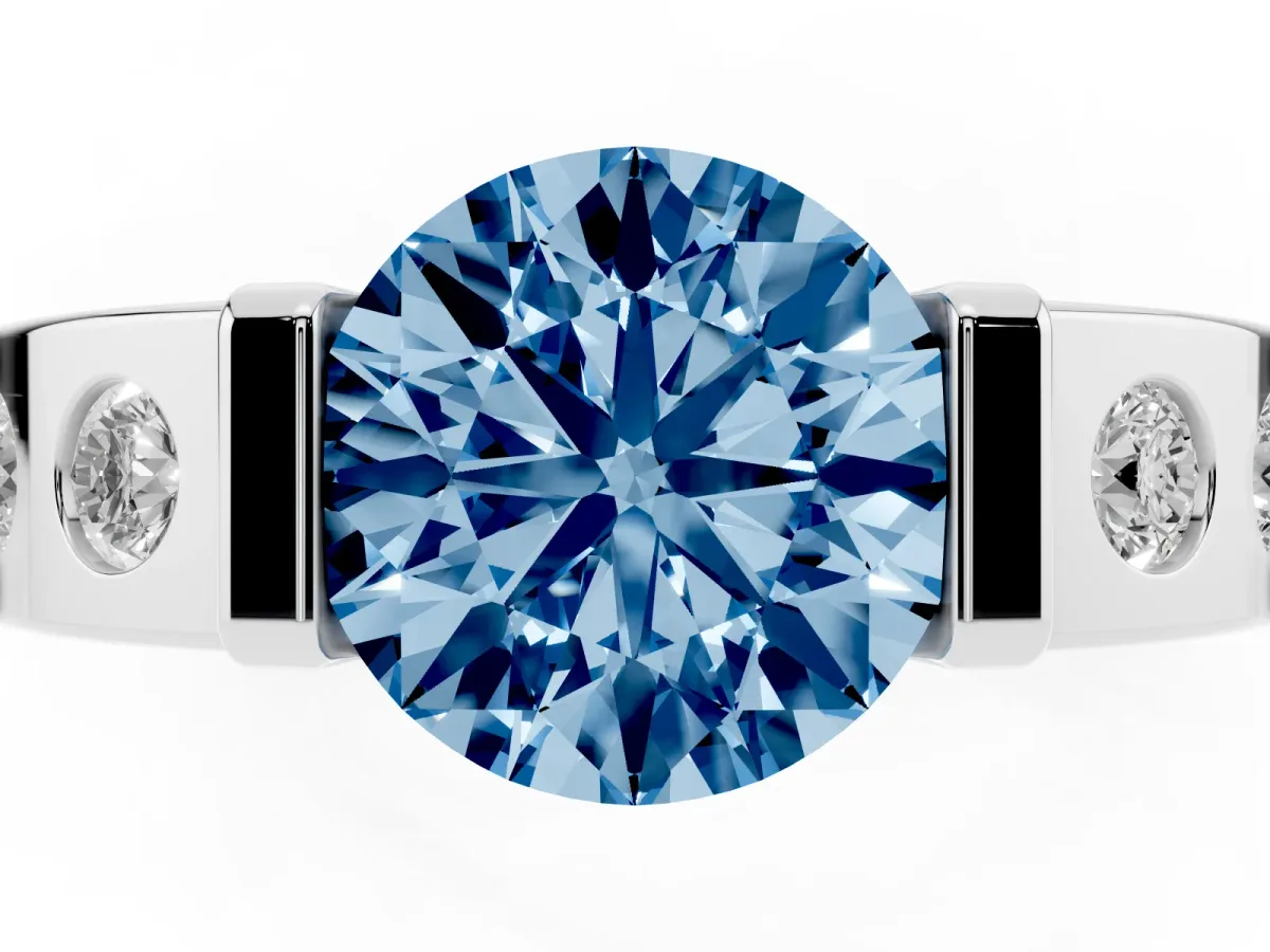 Fancy Blue Round Cut Brilliant Channel-Set Diamond Ring with Bezel Prong Setting Silver