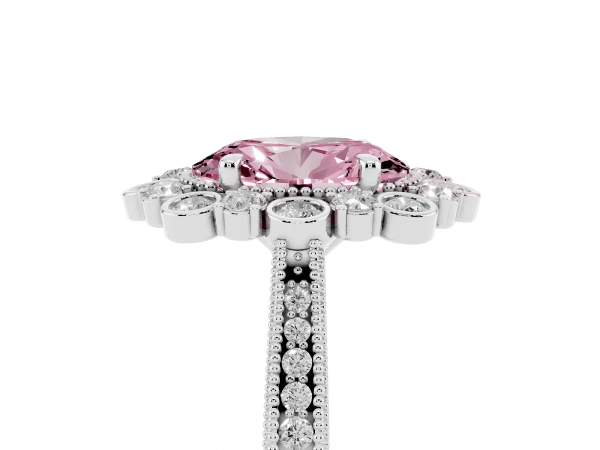 Fancy Pink Oval Cut Halo Milgrain Pave Diamond Ring with Four-Prong Setting Silver