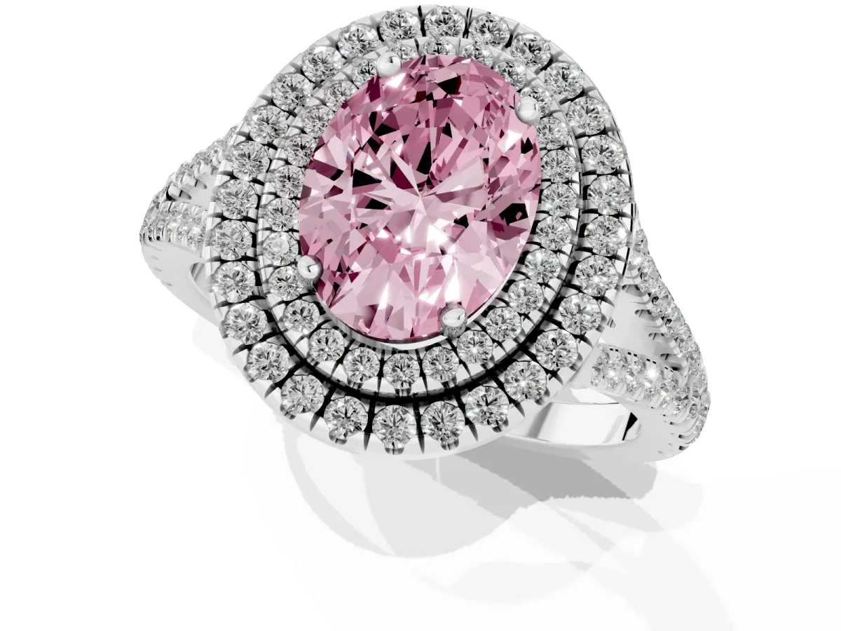 Fancy Pink Oval Cut Diamond Double Halo Ring with Pavé Band and Prong Setting Silver