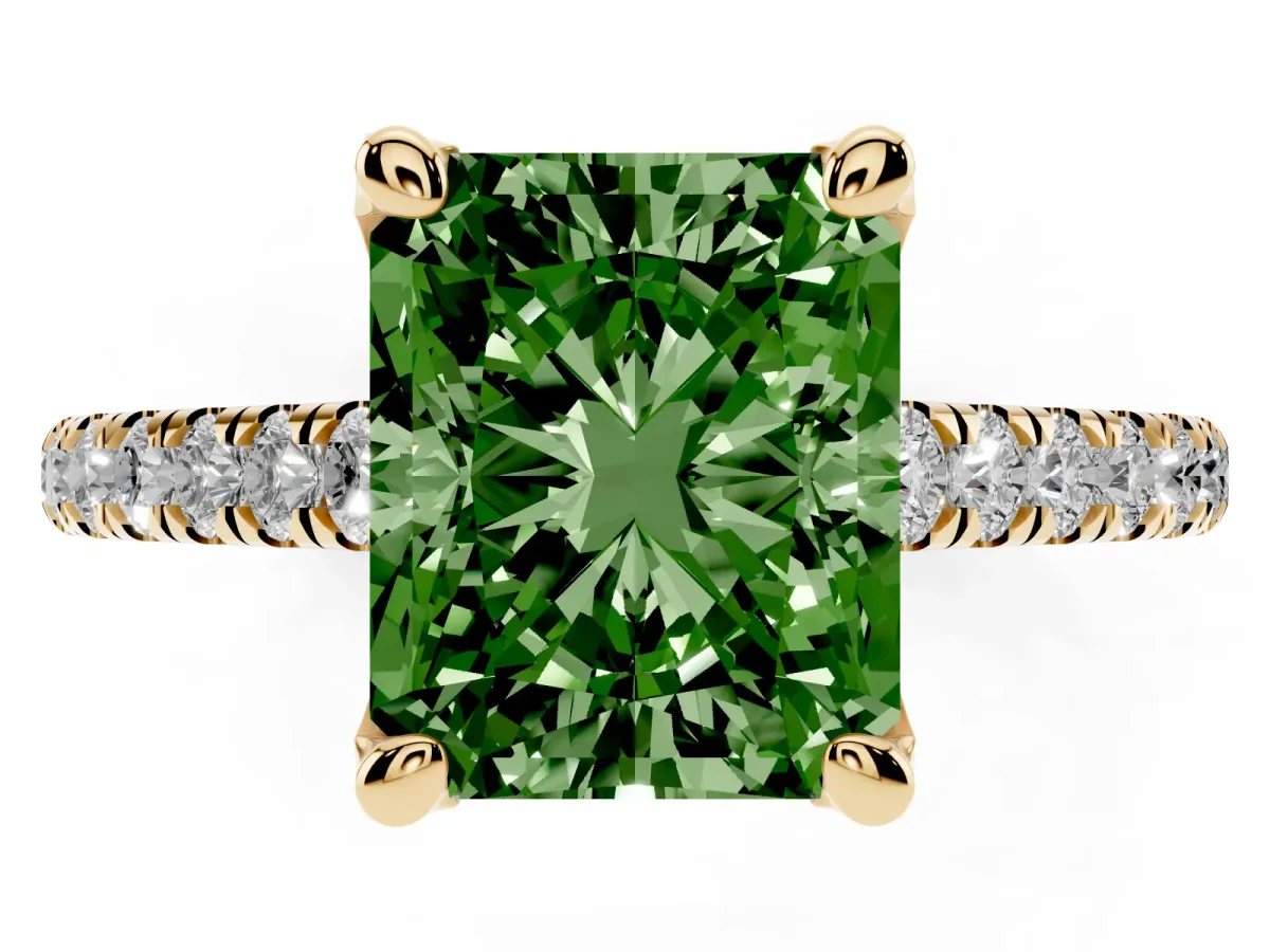 Fancy Green Radiant Cut Brilliant Diamond Solitaire with Pavé Band and Four-Prong Setting Yellow gold